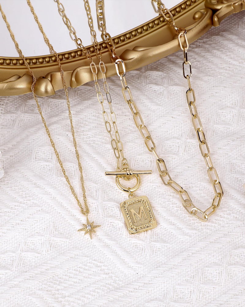 MJartoria Layered Initial Necklaces for Women Trendy, 14K Gold Plated Simple Star Choker Square Letter Pendant Necklace, Paperclip Chain Necklace, Gold Necklaces Jewelry Gifts (Gold, M) - Image 4