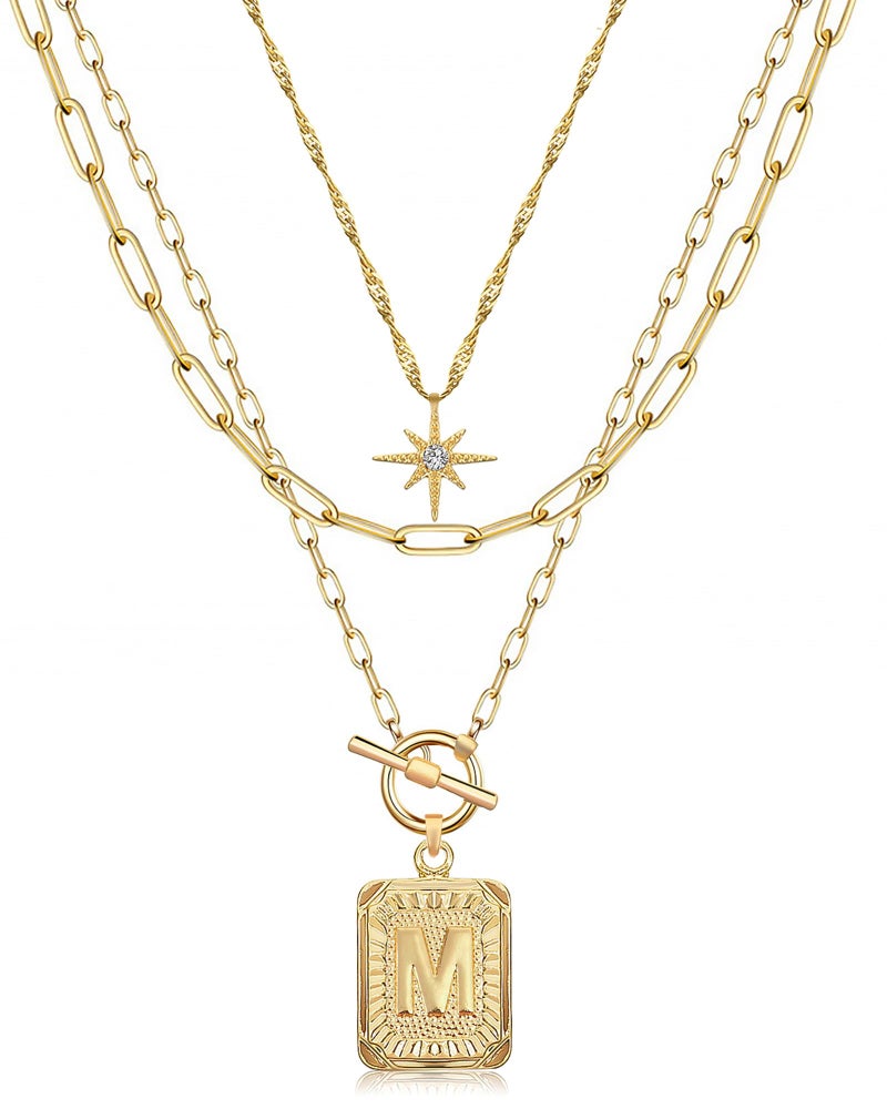 MJartoria Layered Initial Necklaces for Women Trendy, 14K Gold Plated Simple Star Choker Square Letter Pendant Necklace, Paperclip Chain Necklace, Gold Necklaces Jewelry Gifts (Gold, M) - Image 1