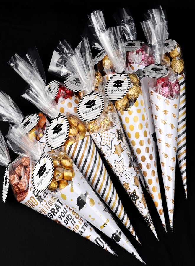 Giiffu Graduation Treat Bags- 60 Pack DIY Grad-Themed Sweet Cones Shaped Candy Bags Set with Clear Triangle Bag, Graduation Wrapping Paper & Tag for Grad Party Gift Favors Wrap, Congrats Grad Party - Image 4