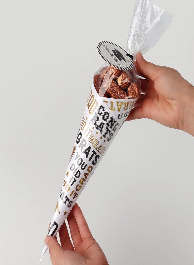 Giiffu Graduation Treat Bags- 60 Pack DIY Grad-Themed Sweet Cones Shaped Candy Bags Set with Clear Triangle Bag, Graduation Wrapping Paper & Tag for Grad Party Gift Favors Wrap, Congrats Grad Party - Image 5