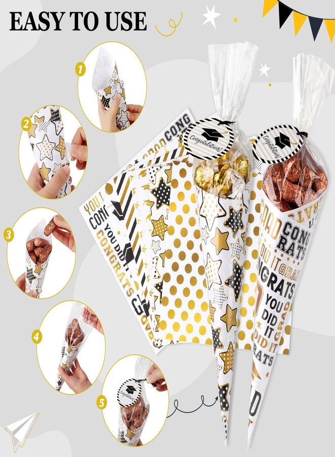 Giiffu Graduation Treat Bags- 60 Pack DIY Grad-Themed Sweet Cones Shaped Candy Bags Set with Clear Triangle Bag, Graduation Wrapping Paper & Tag for Grad Party Gift Favors Wrap, Congrats Grad Party - Image 3
