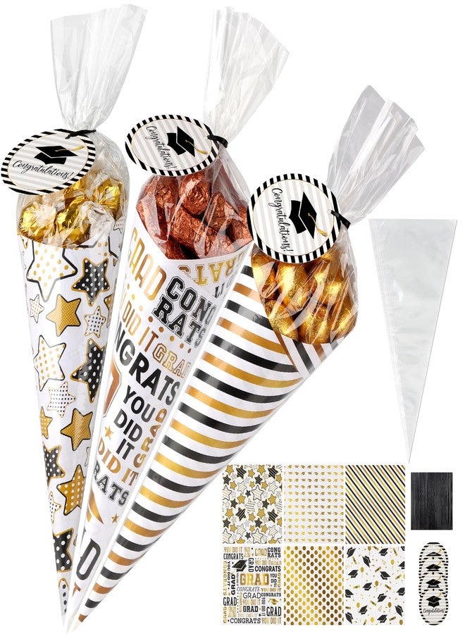 Giiffu Graduation Treat Bags- 60 Pack DIY Grad-Themed Sweet Cones Shaped Candy Bags Set with Clear Triangle Bag, Graduation Wrapping Paper & Tag for Grad Party Gift Favors Wrap, Congrats Grad Party - Image 1
