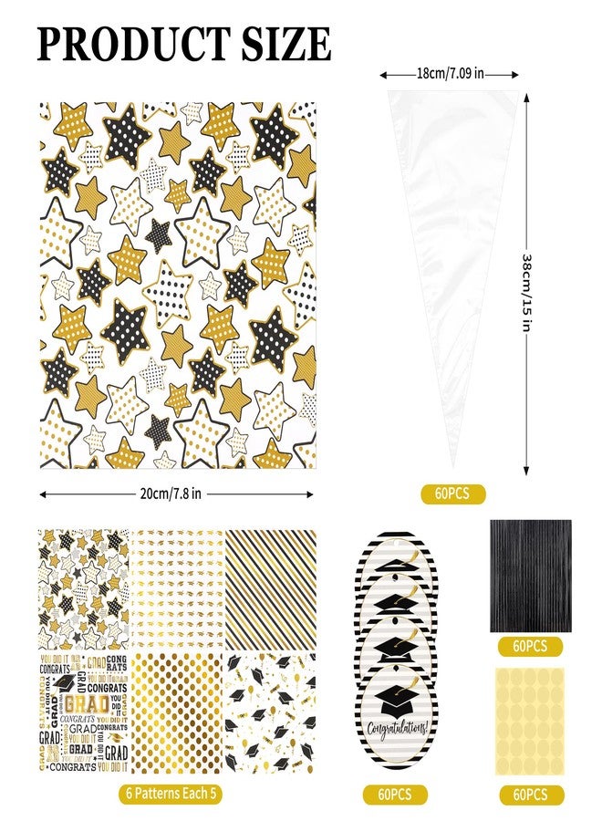 Giiffu Graduation Treat Bags- 60 Pack DIY Grad-Themed Sweet Cones Shaped Candy Bags Set with Clear Triangle Bag, Graduation Wrapping Paper & Tag for Grad Party Gift Favors Wrap, Congrats Grad Party - Image 2