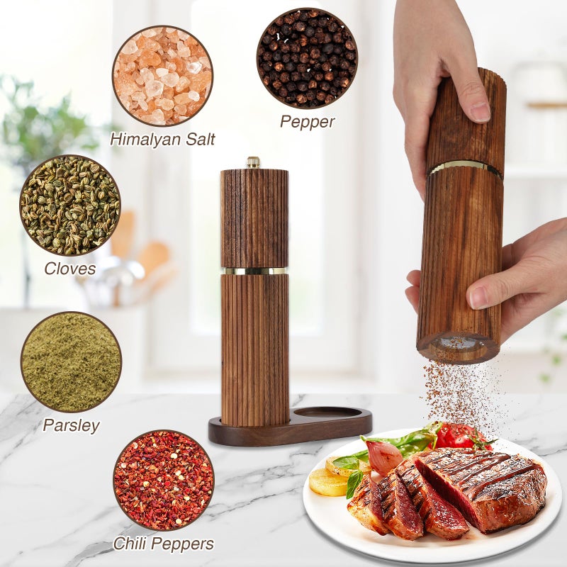 UNIOVC Wooden Salt and Pepper Grinder Set, Refillable Salt and Pepper grinder with adjustable Coarseness, Acacia Wood pepper mill manual, Salt and Pepper Shakers Matching Wooden tray-Ideal for Gifting - Image 3