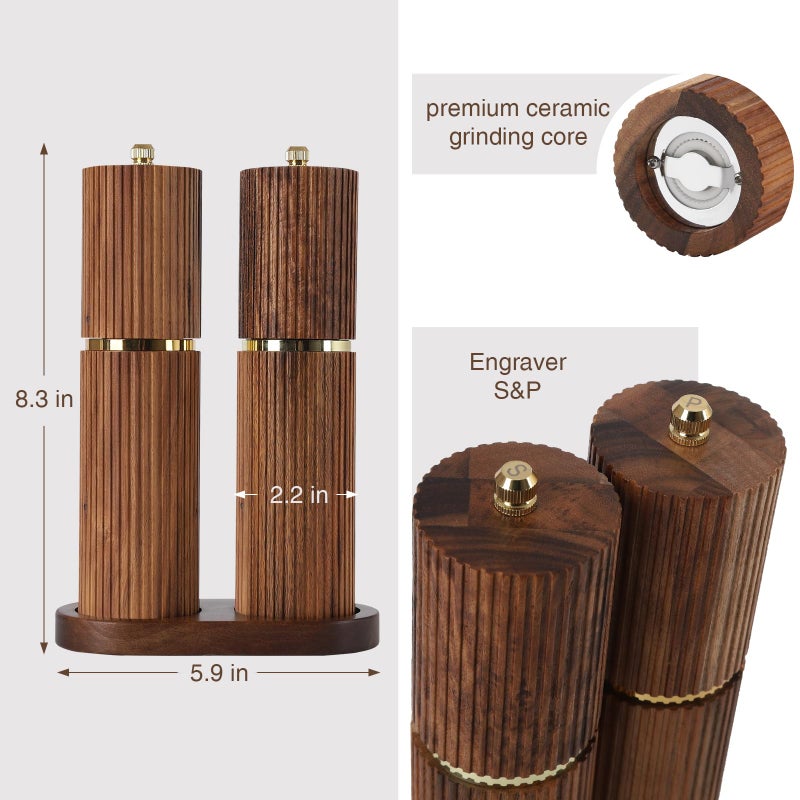 UNIOVC Wooden Salt and Pepper Grinder Set, Refillable Salt and Pepper grinder with adjustable Coarseness, Acacia Wood pepper mill manual, Salt and Pepper Shakers Matching Wooden tray-Ideal for Gifting - Image 2