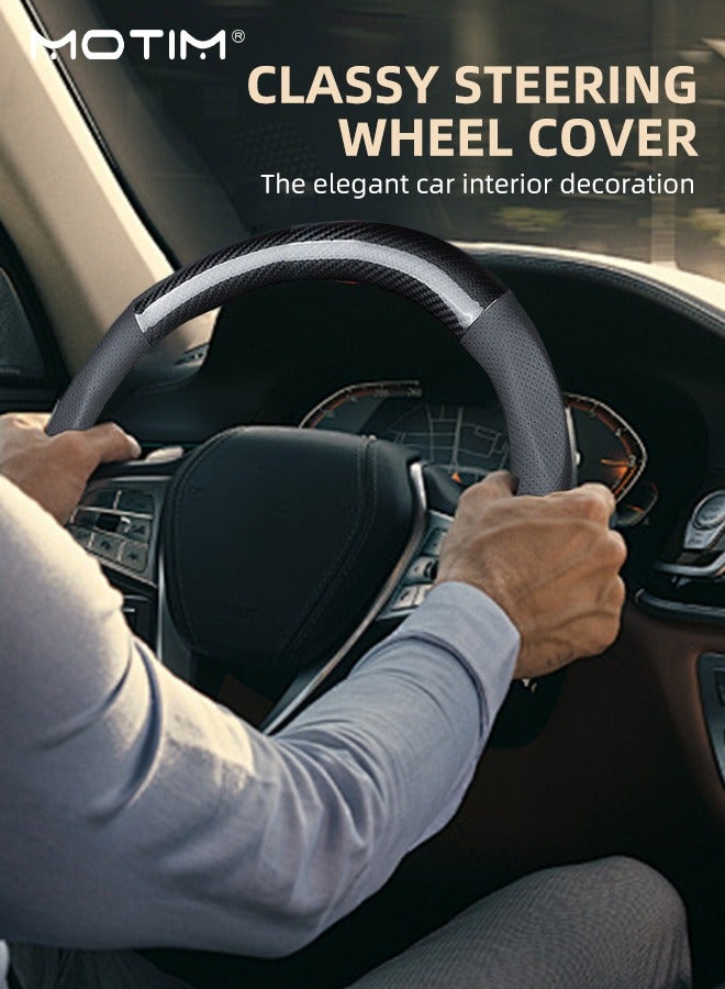 موتيم غطاء عجلة قيادة السيارة من ألياف الكربون والجلد، واقي مانع للانزلاق، غطاء عجلة قيادة سيارة عالمي، قابل للتنفس ومقاوم للتآكل، 38 سم/15 بوصة - Image 2