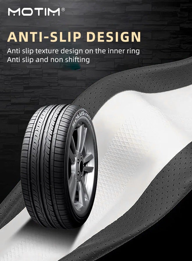 موتيم غطاء عجلة قيادة السيارة من ألياف الكربون والجلد، واقي مانع للانزلاق، غطاء عجلة قيادة سيارة عالمي، قابل للتنفس ومقاوم للتآكل، 38 سم/15 بوصة - Image 3