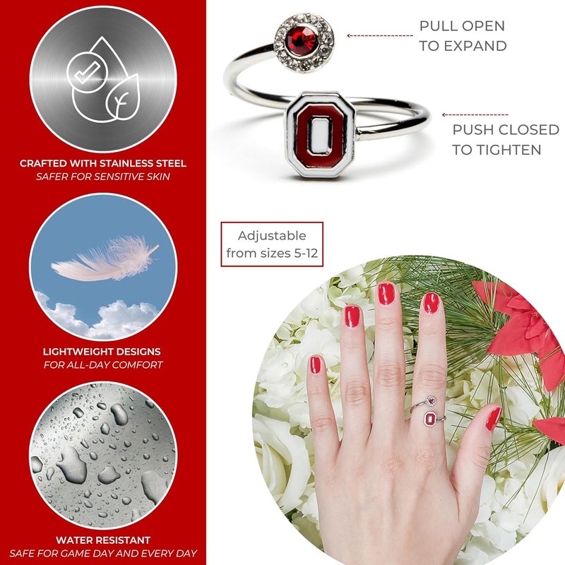 Stone Armory Ohio State University Womens Ring - Block O Ring with Crystals - Hypoallergenic and Adjustable Sizes 5-12 - Ohio State Gifts for Women - Image 2