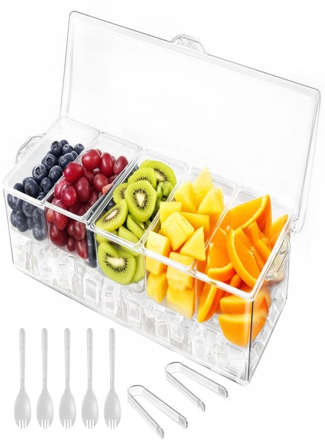 WISHMART Ice Chilled Condiment Caddy with Lid – 5 Removable Compartments, Utensils Included – Buffet Server for BBQ, Taco Bar & Parties - Image 1