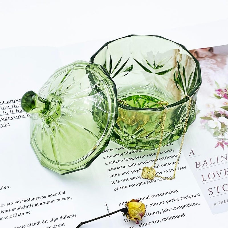 EWEIGEER 8oz Glass Candy Dish with Lid,Small Crystal Chrismas Candy Jar,Cotton Round Holder,Office,Bathroom,Dining Room Organizer(Olive Green) - Image 2