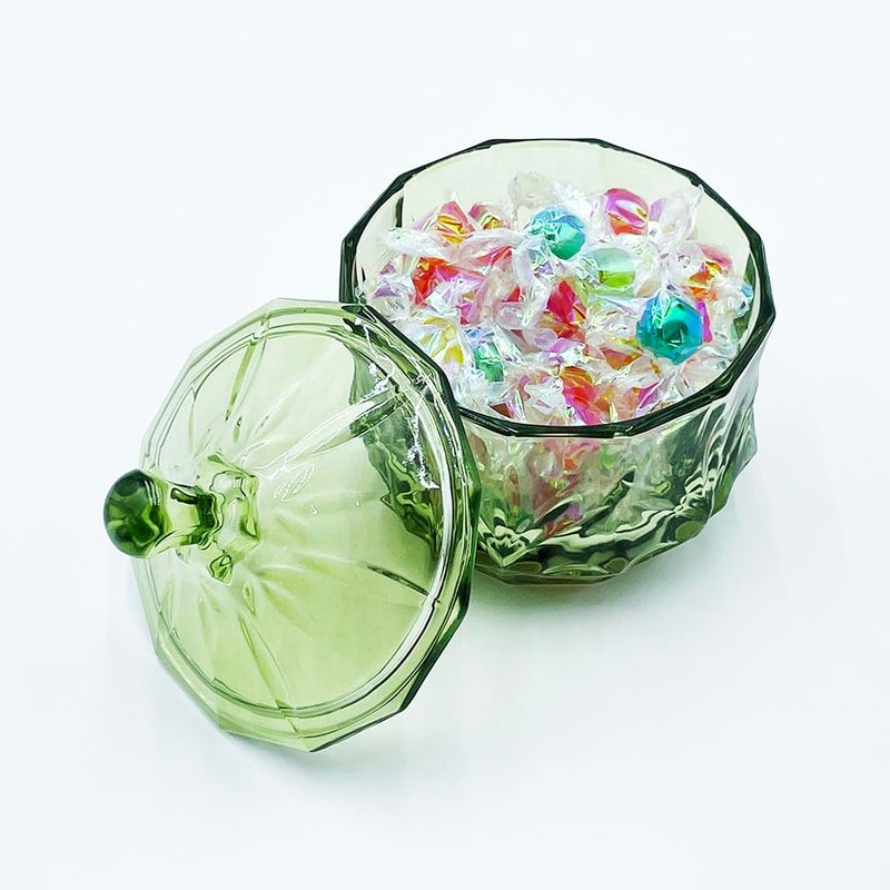 EWEIGEER 8oz Glass Candy Dish with Lid,Small Crystal Chrismas Candy Jar,Cotton Round Holder,Office,Bathroom,Dining Room Organizer(Olive Green) - Image 5