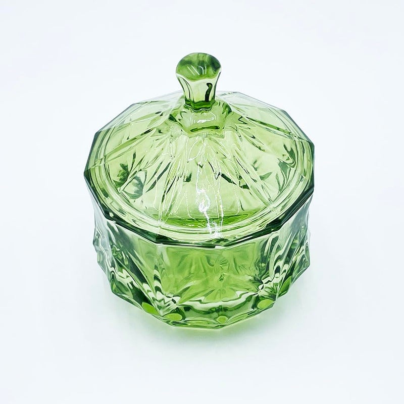 EWEIGEER 8oz Glass Candy Dish with Lid,Small Crystal Chrismas Candy Jar,Cotton Round Holder,Office,Bathroom,Dining Room Organizer(Olive Green) - Image 4
