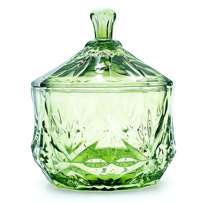 EWEIGEER 8oz Glass Candy Dish with Lid,Small Crystal Chrismas Candy Jar,Cotton Round Holder,Office,Bathroom,Dining Room Organizer(Olive Green) - Image 1