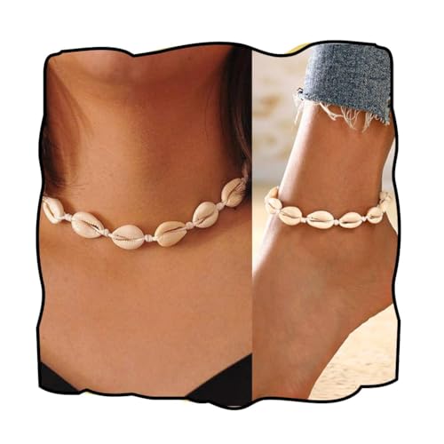 Chennie Boho Cowrie Shell Choker Necklace Beach Puka Seashell Necklaces Adjustable Rope Jewelry with Anklets for Women (A Ivory) - Image 1