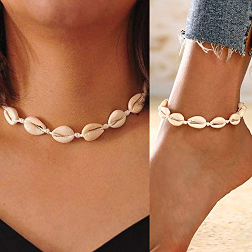 Chennie Boho Cowrie Shell Choker Necklace Beach Puka Seashell Necklaces Adjustable Rope Jewelry with Anklets for Women (A Ivory) - Image 3