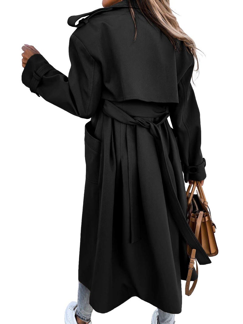 Fisoew Women's Double Breasted Long Trench Coat Windproof Classic Lapel Belted Overcoat with Pockets Medium - Image 4