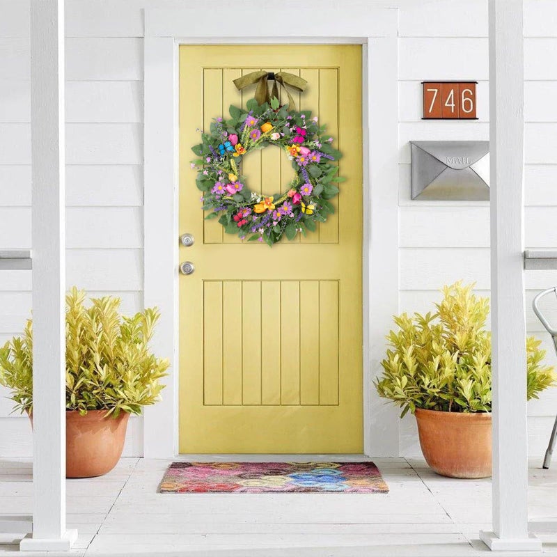 U'Artlines 22 Inch Tulip Wreath for Front Door, Spring Summer Silk Wreath with Green Leaves Colorful Butterfly Artificial Tulip Flower Wreaths for All Seasons Window Wall Wedding Valentines Day Decor - Image 2