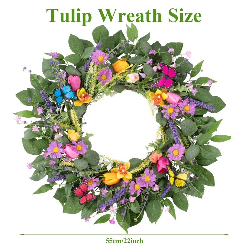 U'Artlines 22 Inch Tulip Wreath for Front Door, Spring Summer Silk Wreath with Green Leaves Colorful Butterfly Artificial Tulip Flower Wreaths for All Seasons Window Wall Wedding Valentines Day Decor - Image 5