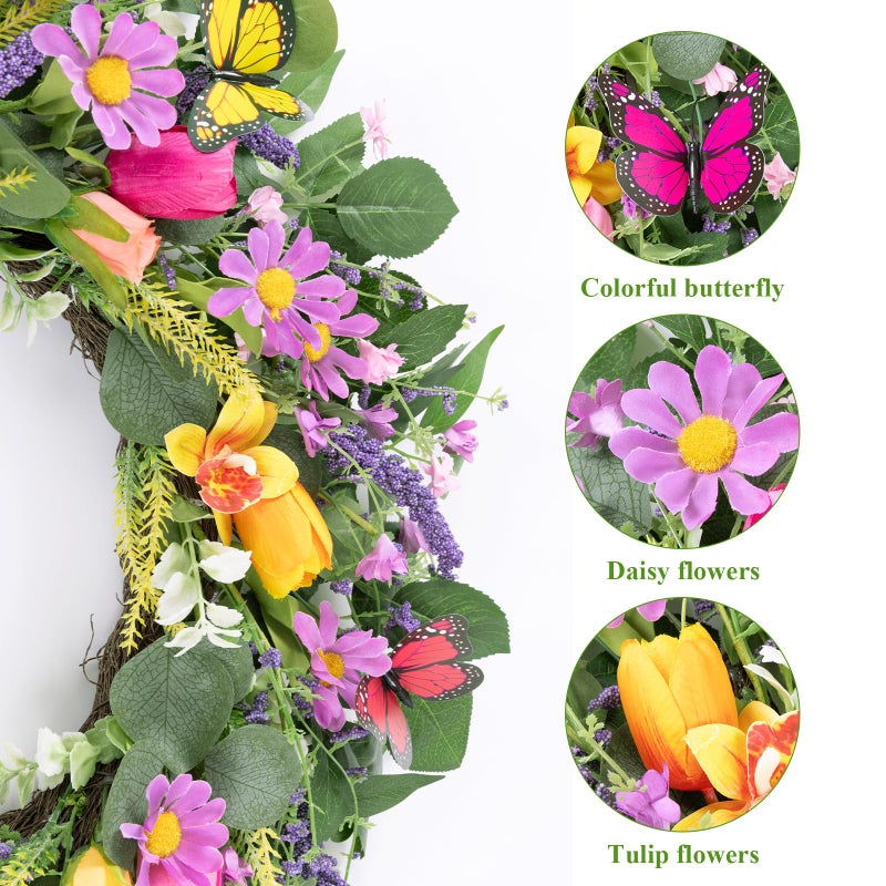 U'Artlines 22 Inch Tulip Wreath for Front Door, Spring Summer Silk Wreath with Green Leaves Colorful Butterfly Artificial Tulip Flower Wreaths for All Seasons Window Wall Wedding Valentines Day Decor - Image 4