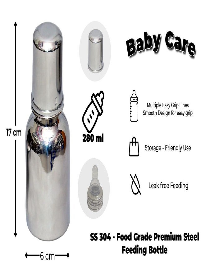 sunlife - BabyCare Stainless Steel Infant Baby Feeding Bottle | Milk Bottle for New Born Baby - Capacity 280ml - Joint Less 304 Grade, BPA Free (Silver) (BabyCare 280ml) - Image 2