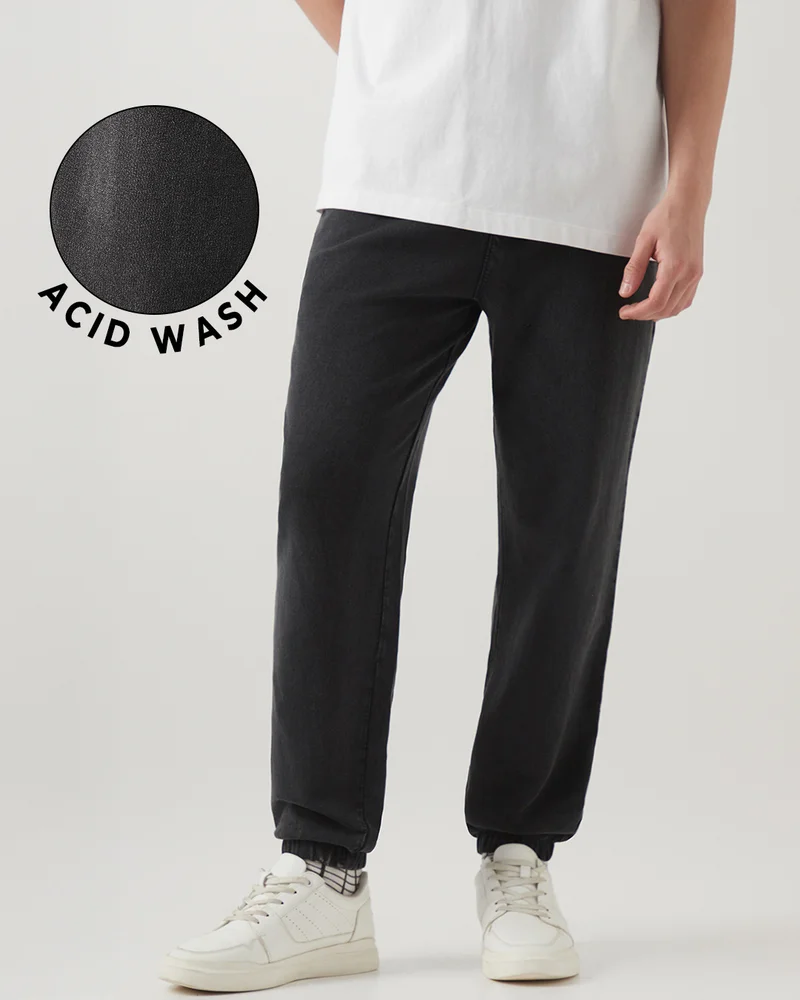 بيواكوف بنطلون رياضي رجالي أسود واسع بتأثير الغسيل الحمضي مبطن