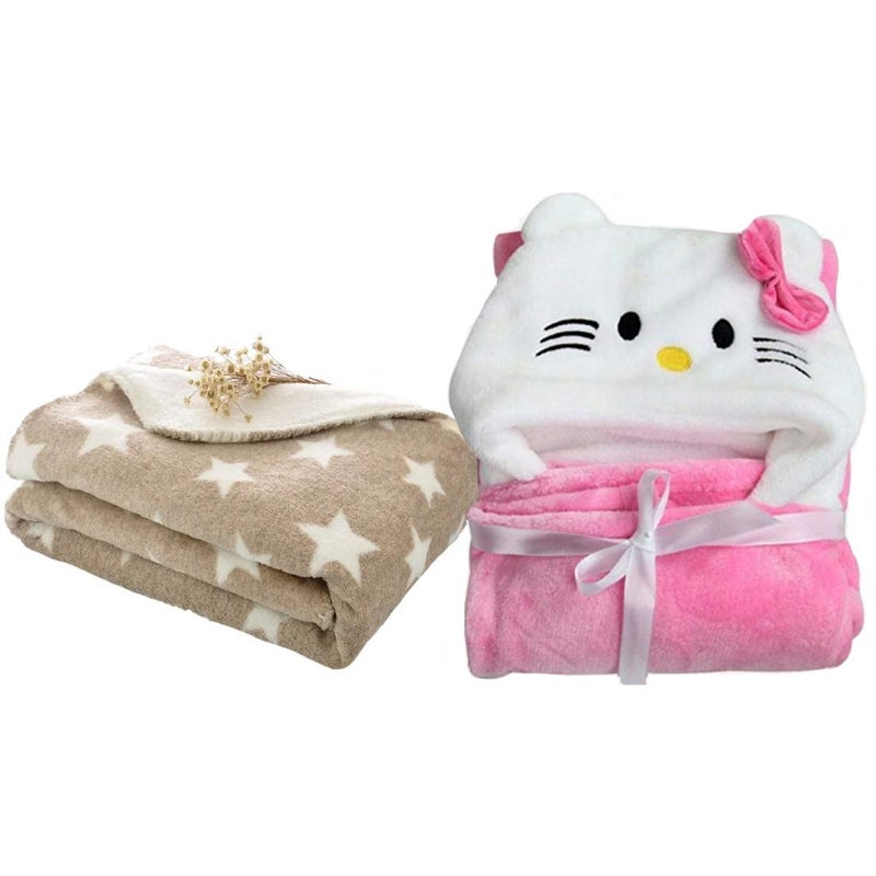 Brandonn BRANDONN All Season Supersoft Hooded and Printed Blanket and Bath Towel Pack of 2 (Beige, Pink) - Image 1