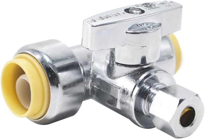 TT FLEX Service Tee Stop Valve, 1/2" Push x 1/2" Push x 3/8" Compression, 1/4 Turn, Compression Service Stop Fitting, Water Valve Shut Off, Push-to-Connect, PEX, Copper, CPVC, PE-RT - Image 1