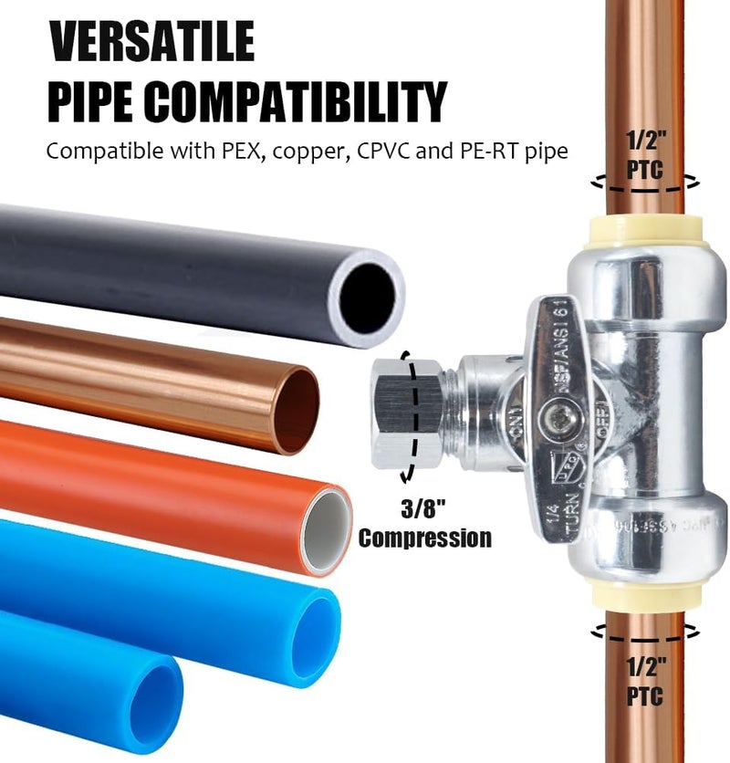 TT FLEX Service Tee Stop Valve, 1/2" Push x 1/2" Push x 3/8" Compression, 1/4 Turn, Compression Service Stop Fitting, Water Valve Shut Off, Push-to-Connect, PEX, Copper, CPVC, PE-RT - Image 4