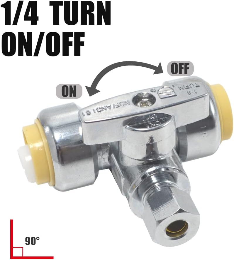 TT FLEX Service Tee Stop Valve, 1/2" Push x 1/2" Push x 3/8" Compression, 1/4 Turn, Compression Service Stop Fitting, Water Valve Shut Off, Push-to-Connect, PEX, Copper, CPVC, PE-RT - Image 3