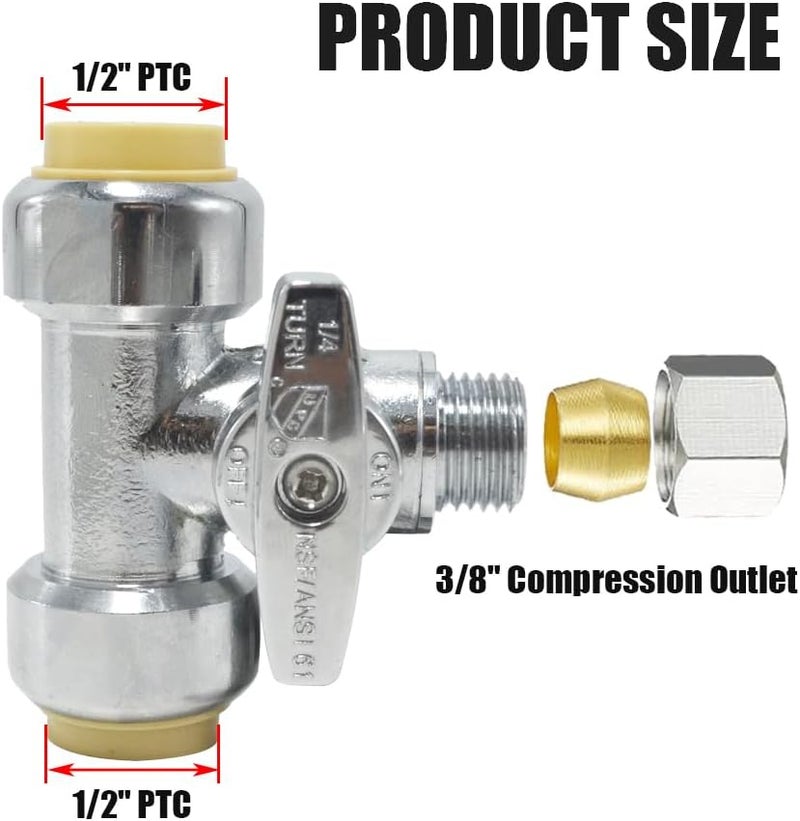 TT FLEX Service Tee Stop Valve, 1/2" Push x 1/2" Push x 3/8" Compression, 1/4 Turn, Compression Service Stop Fitting, Water Valve Shut Off, Push-to-Connect, PEX, Copper, CPVC, PE-RT - Image 2