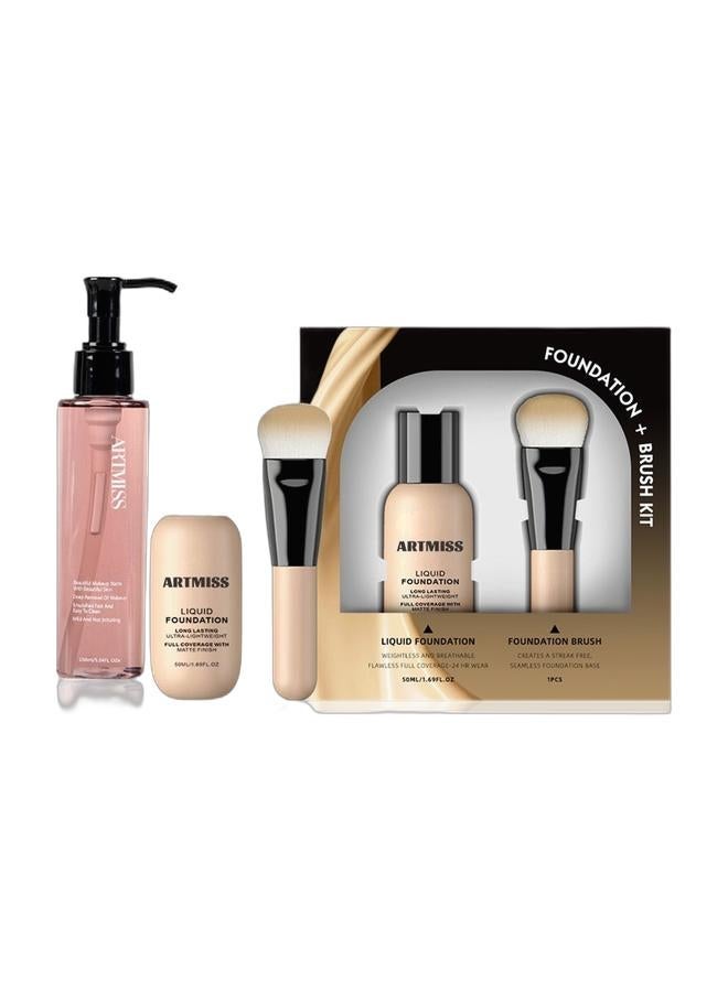 ARTMISS Rose Infusion Cleansing Oil · Deep Purify & Hydrate 150ML makeup remover & Long Lasting Ultra-lightweight Liquid Foundation 02（Comes with brush）Bundle - Image 1