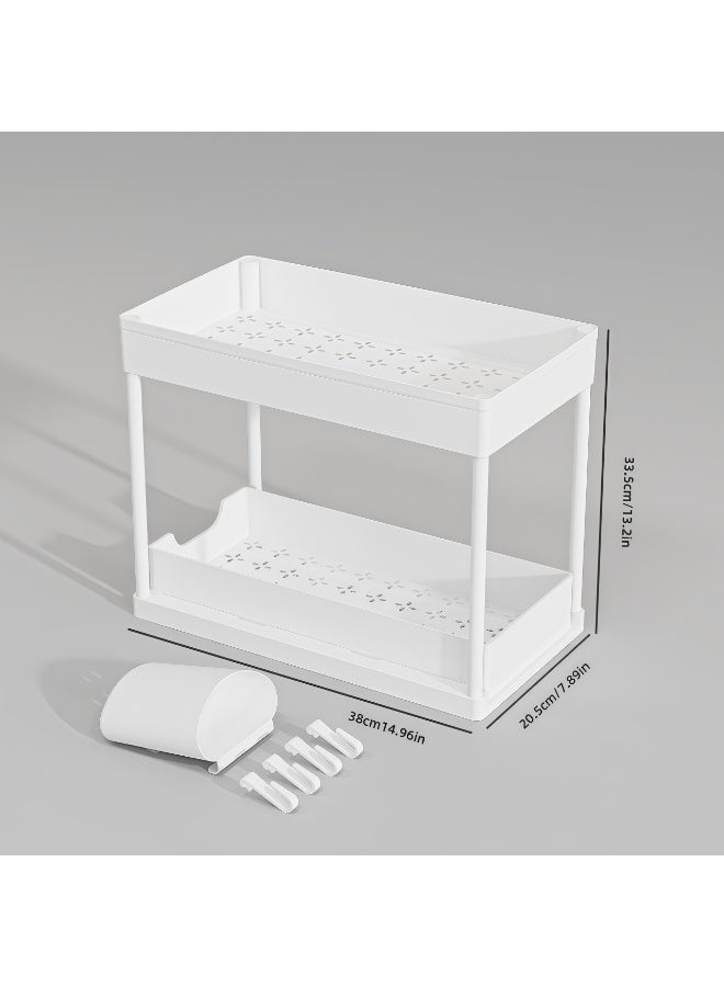 Under Sink Organizer, 2-Tier Sliding Drawer Storage Rack with Hooks & Cup, No Tool Assembly, ABS Plastic with Coated Steel Tubes for Kitchen Bathroom Cabinet, 14.96"L x 7.89"W x 13.2"H, White - Image 2