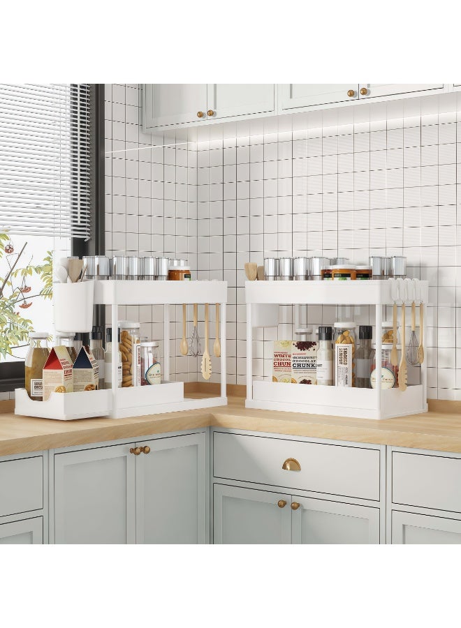 Under Sink Organizer, 2-Tier Sliding Drawer Storage Rack with Hooks & Cup, No Tool Assembly, ABS Plastic with Coated Steel Tubes for Kitchen Bathroom Cabinet, 14.96"L x 7.89"W x 13.2"H, White - Image 5