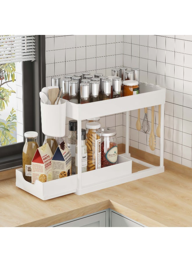 Under Sink Organizer, 2-Tier Sliding Drawer Storage Rack with Hooks & Cup, No Tool Assembly, ABS Plastic with Coated Steel Tubes for Kitchen Bathroom Cabinet, 14.96"L x 7.89"W x 13.2"H, White - Image 1