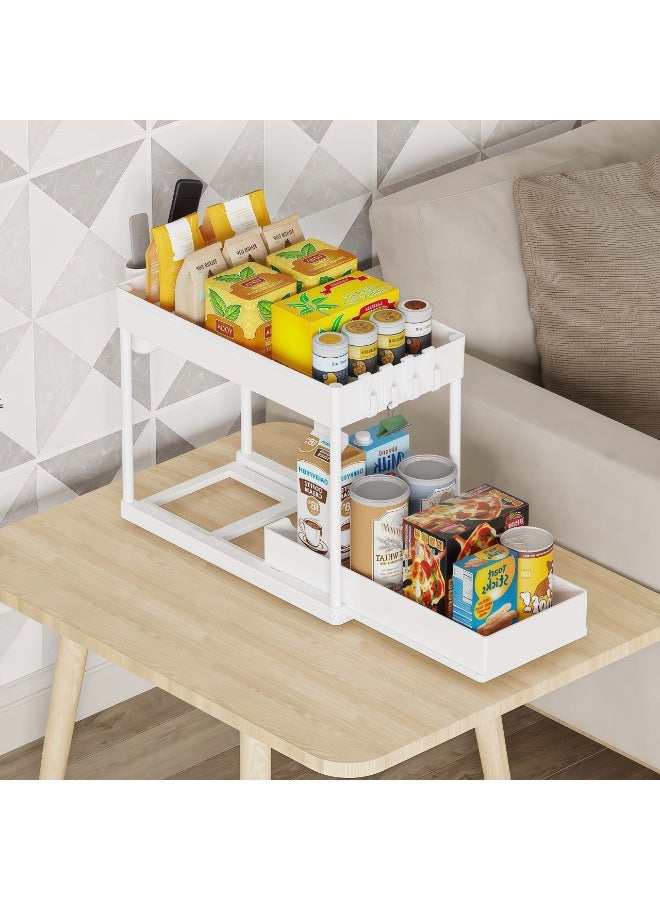 Under Sink Organizer, 2-Tier Sliding Drawer Storage Rack with Hooks & Cup, No Tool Assembly, ABS Plastic with Coated Steel Tubes for Kitchen Bathroom Cabinet, 14.96"L x 7.89"W x 13.2"H, White - Image 4