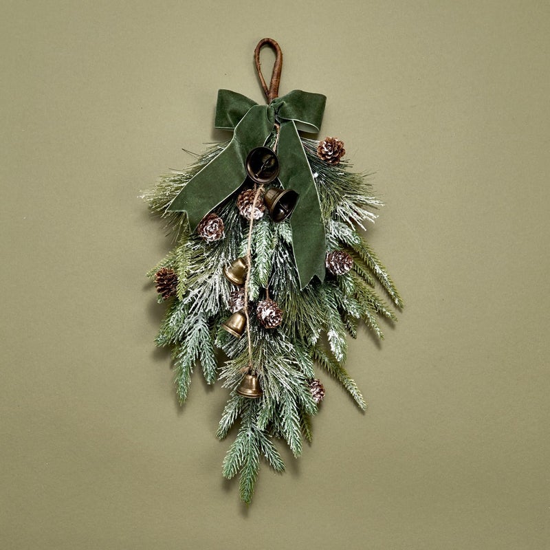 LampLust Winter Swag for Front Door, 18 Inch Greenery Swag with Bells, Pinecones & Ribbon, Teardrop Swags for Decorating, Floral Swags for Winter Wedding Decor, Wall & Window Decor, Front Door Swag - Image 1