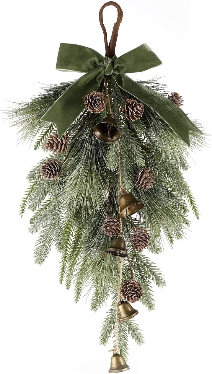 LampLust Winter Swag for Front Door, 18 Inch Greenery Swag with Bells, Pinecones & Ribbon, Teardrop Swags for Decorating, Floral Swags for Winter Wedding Decor, Wall & Window Decor, Front Door Swag - Image 2