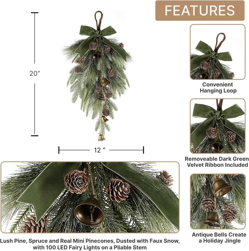 LampLust Winter Swag for Front Door, 18 Inch Greenery Swag with Bells, Pinecones & Ribbon, Teardrop Swags for Decorating, Floral Swags for Winter Wedding Decor, Wall & Window Decor, Front Door Swag - Image 4