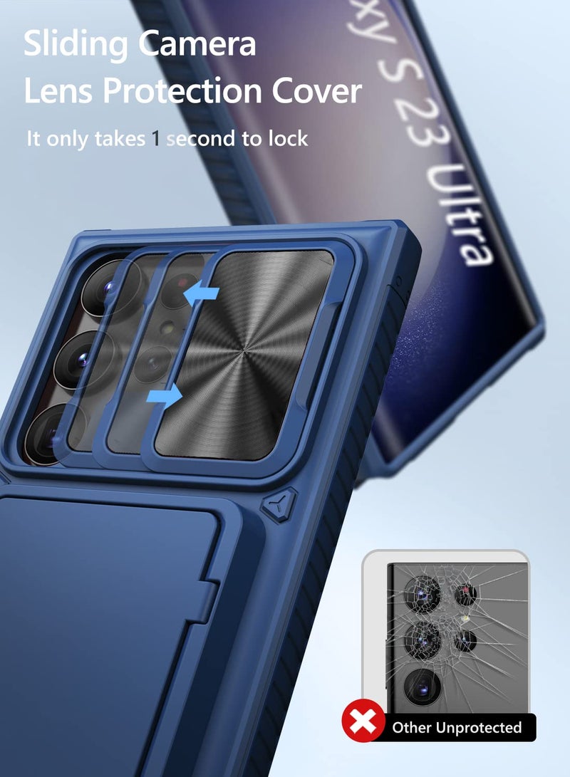 Vihibii for Samsung Galaxy S23 Ultra Case with Card Holder (4 Cards) & Sliding Camera Cover & Kickstand, Shockproof Rugged Hard Back & TPU Edge Wallet Case for Galaxy S23 Ultra 5G 6.8" 2023, Blue - Image 3