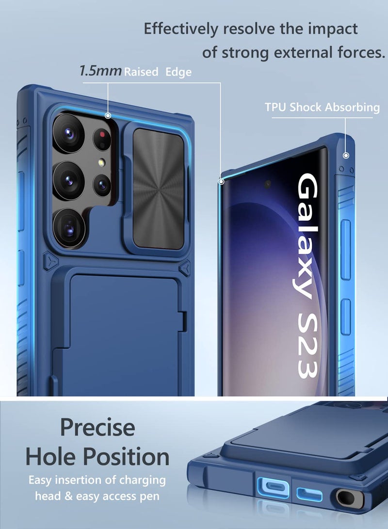 Vihibii for Samsung Galaxy S23 Ultra Case with Card Holder (4 Cards) & Sliding Camera Cover & Kickstand, Shockproof Rugged Hard Back & TPU Edge Wallet Case for Galaxy S23 Ultra 5G 6.8" 2023, Blue - Image 5