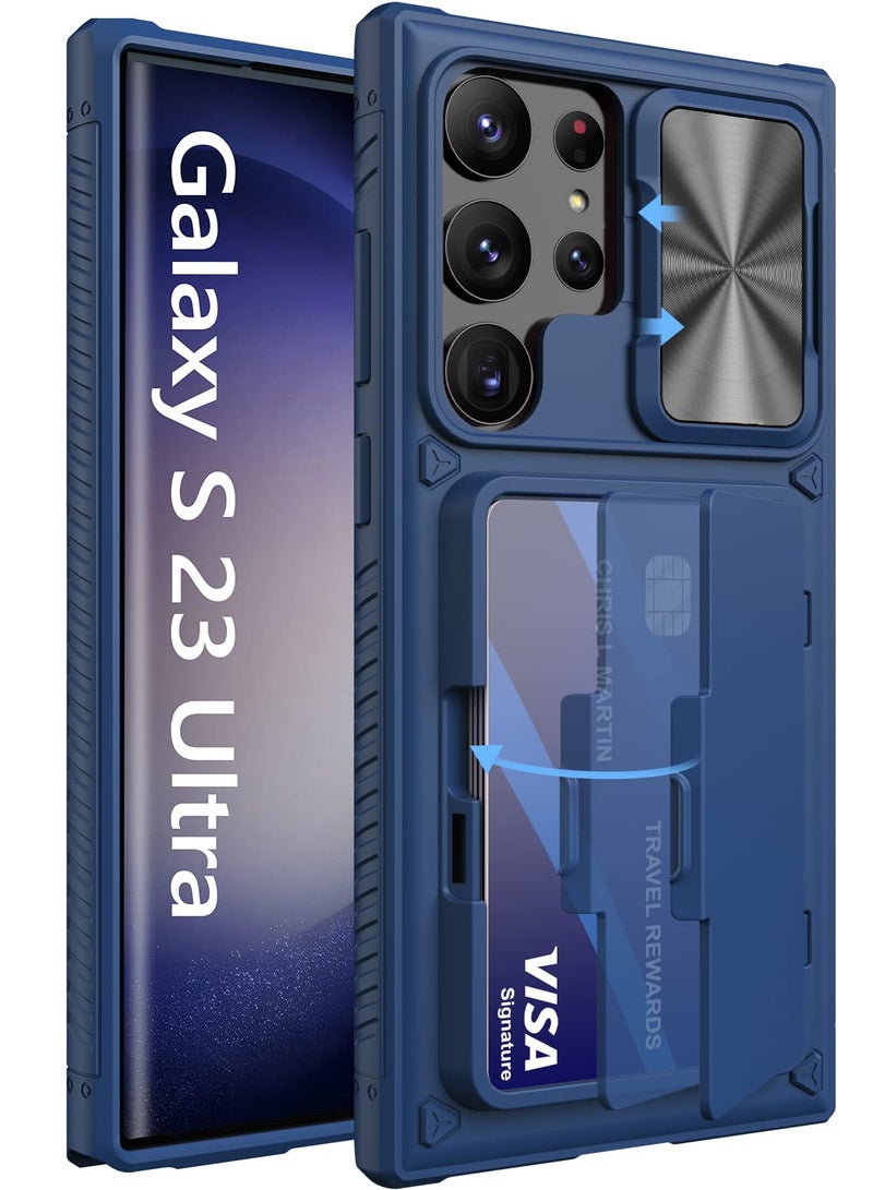 Vihibii for Samsung Galaxy S23 Ultra Case with Card Holder (4 Cards) & Sliding Camera Cover & Kickstand, Shockproof Rugged Hard Back & TPU Edge Wallet Case for Galaxy S23 Ultra 5G 6.8" 2023, Blue - Image 1