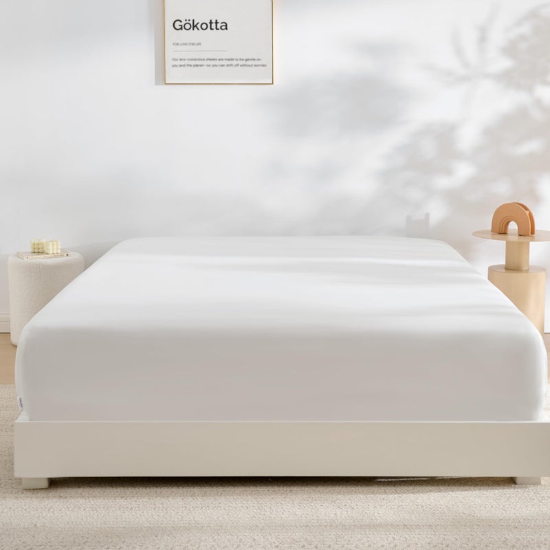 GOKOTTA Fitted Sheet Only 16 Inch Pocket Bamboo Rayon Fitted Sheet Super Soft and Cooling Bottom Sheet with 4 Elastic Corner StrapsCream White King Size