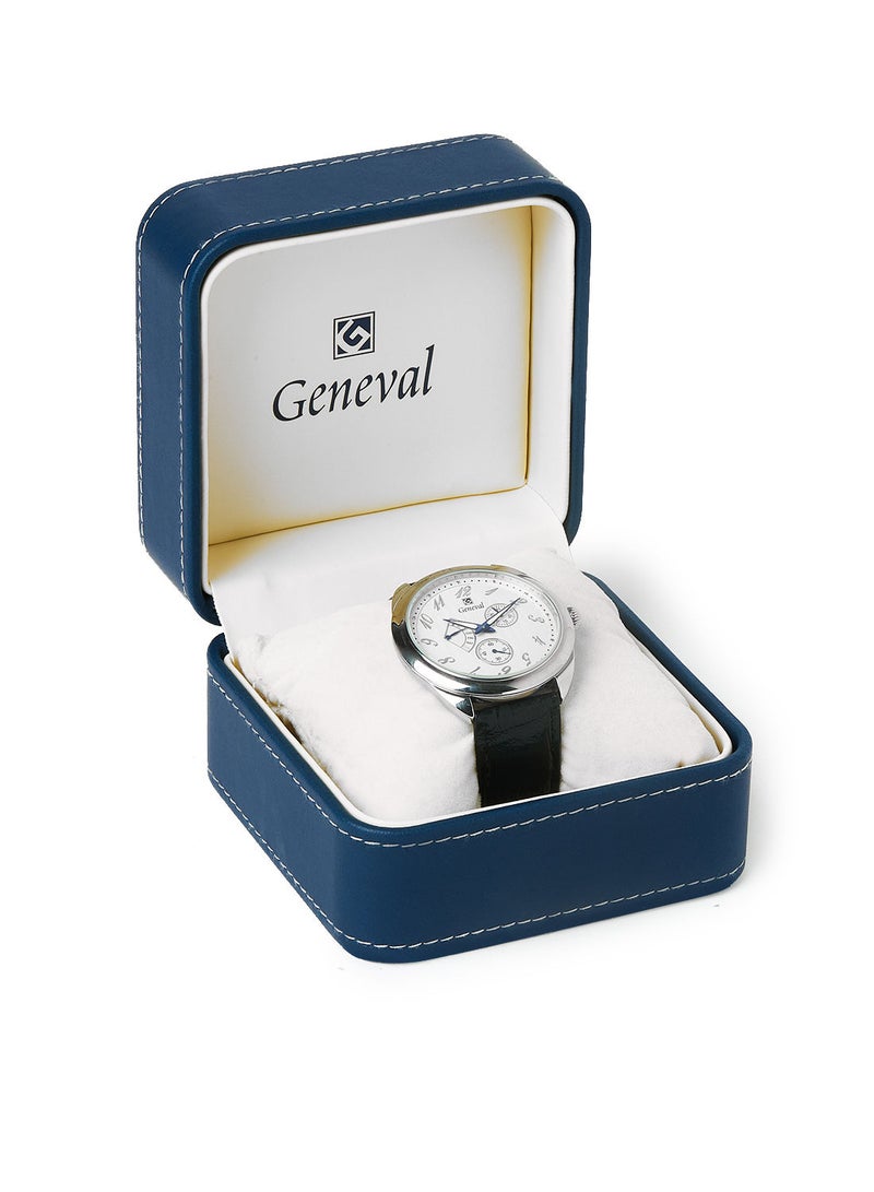 GENEVAL ساعة يد تناظرية بحزام جلدي GL1513WWB - 44 مم - أسود - Image 5