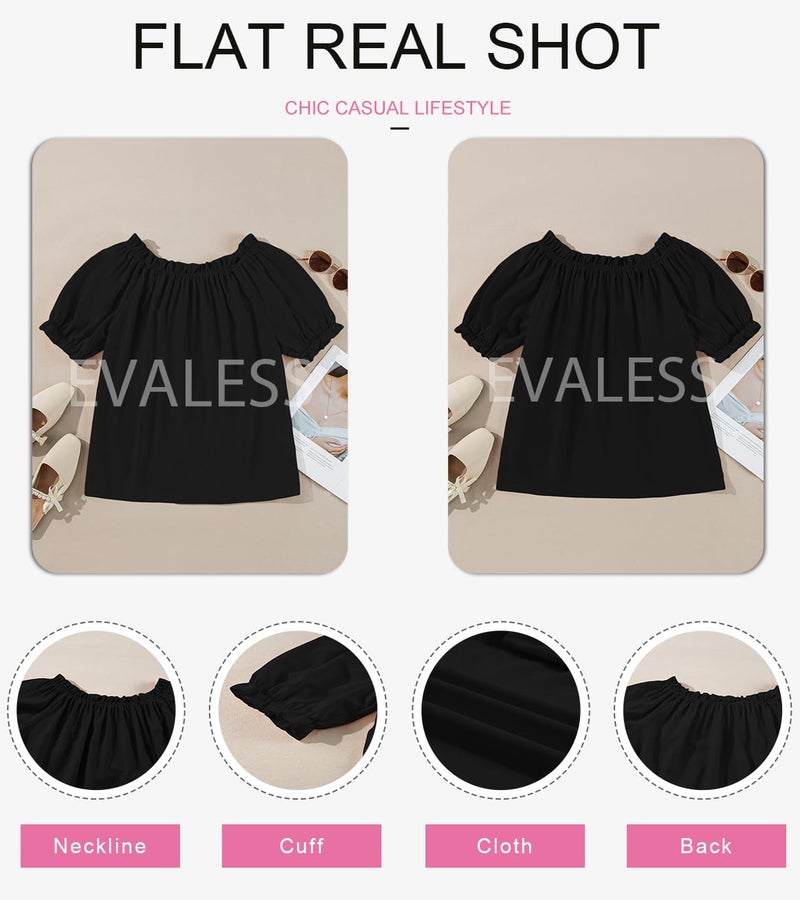 EVALESS Womens Tops Short Sleeve Shirts for Women Country Concert Outfits Summer Clothes Trendy 2026 Off The Shoulder Blouses Dressy Casual Tunic Tops for Women Loose Fit Spring Black Shirts, Medium - Image 4
