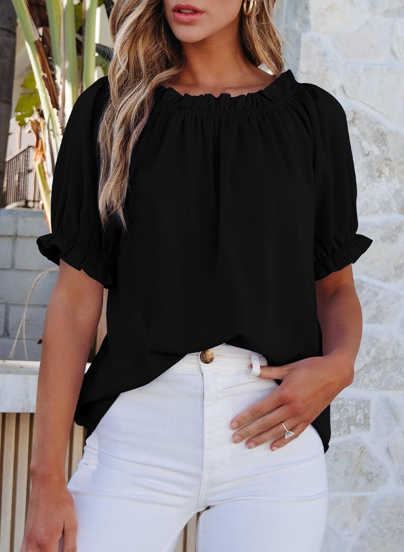 EVALESS Womens Tops Short Sleeve Shirts for Women Country Concert Outfits Summer Clothes Trendy 2026 Off The Shoulder Blouses Dressy Casual Tunic Tops for Women Loose Fit Spring Black Shirts, Medium - Image 2