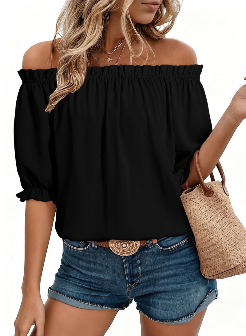 EVALESS Womens Tops Short Sleeve Shirts for Women Country Concert Outfits Summer Clothes Trendy 2026 Off The Shoulder Blouses Dressy Casual Tunic Tops for Women Loose Fit Spring Black Shirts, Medium - Image 1