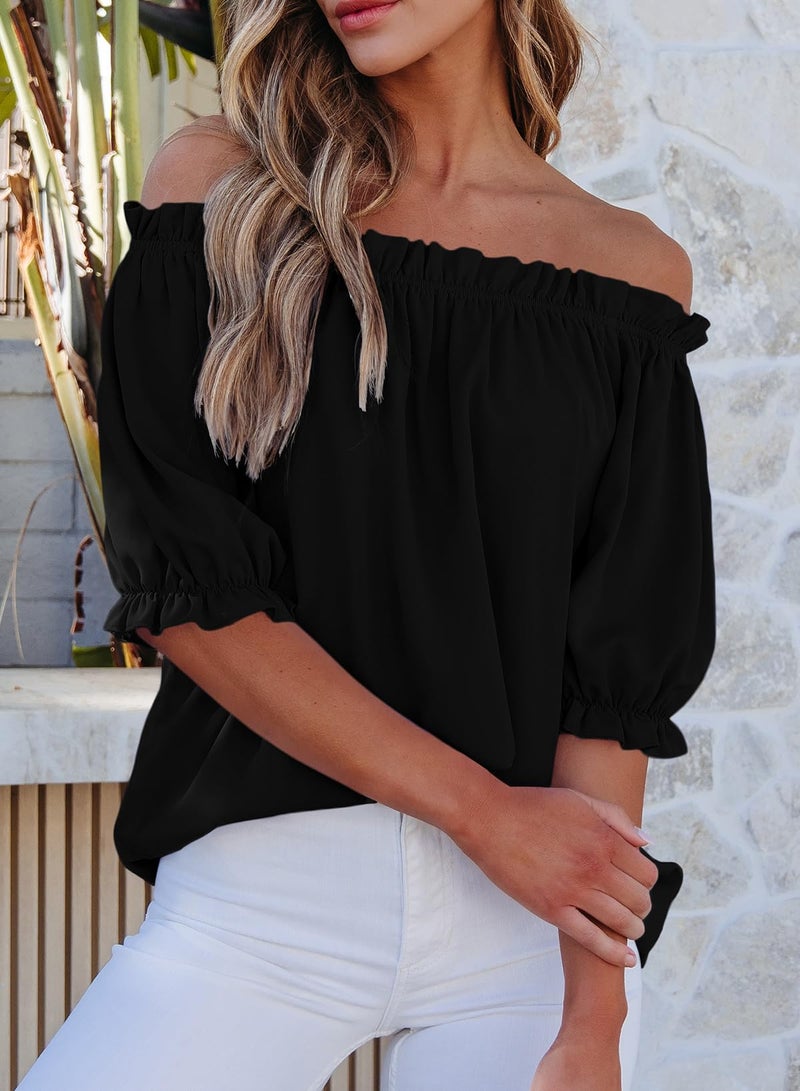 EVALESS Womens Tops Short Sleeve Shirts for Women Country Concert Outfits Summer Clothes Trendy 2026 Off The Shoulder Blouses Dressy Casual Tunic Tops for Women Loose Fit Spring Black Shirts, Medium - Image 3