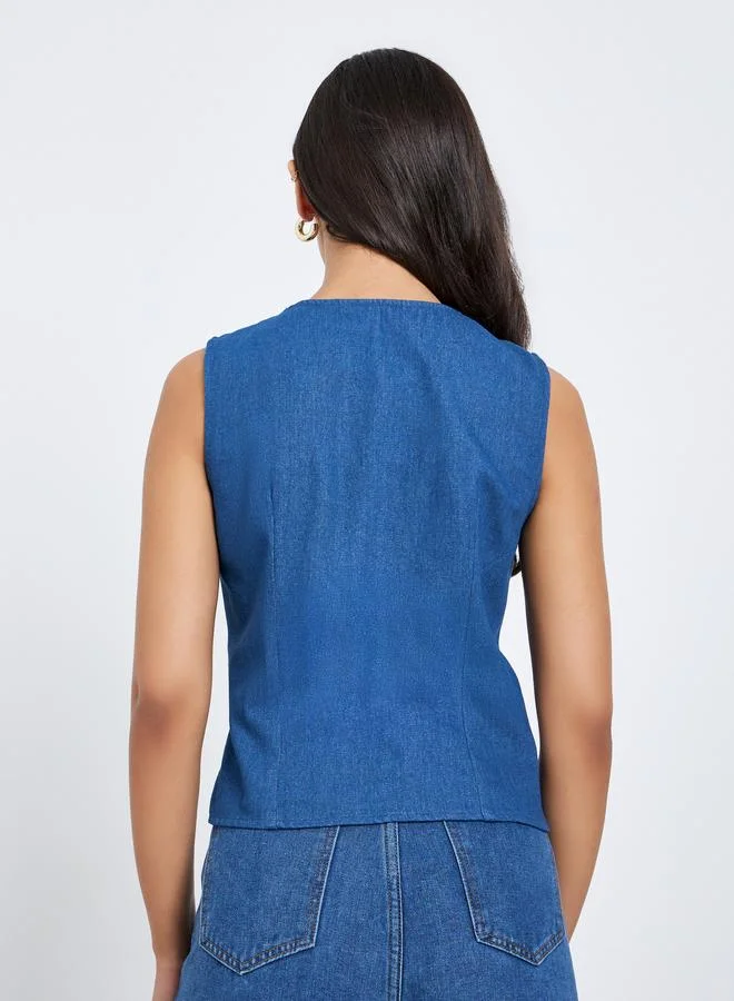 Styli  Styli Denim Button Up Waistcoat Top for Women | Best Price UAE