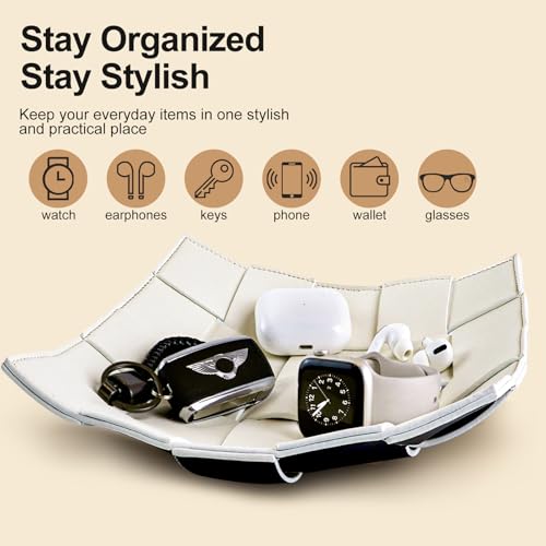 MSJGA Valet Tray for Men and Women PU Leather Key Holder Bowl for Entryway Table Bedside Nightstand Desk Catchall Organizer Tray for Wallet, Watch, Key, Phone Men's Gift - 9.8" L x 9.8" W x 2" H - Image 4