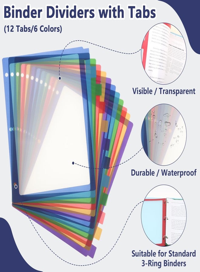 Prudiut 36 Pcs/3 Set 12 Tabs Binder Dividers with Colored Tabs, Clear Tab Notebook Divider Page Binder File Dividers, Letter Size - Image 3